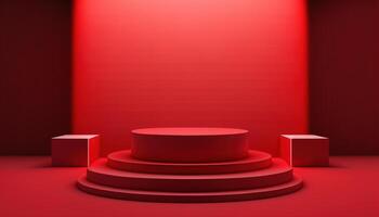 Realistic 3D red theme podium for product display. photo