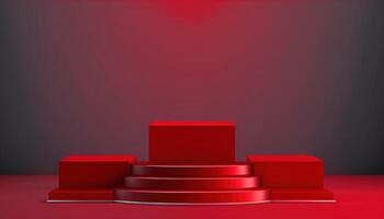 Realistic 3D red theme podium for product display. photo