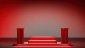 Realistic 3D red theme podium for product display. photo