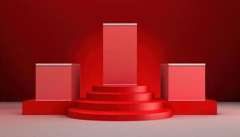 Realistic 3D red theme podium for product display. photo