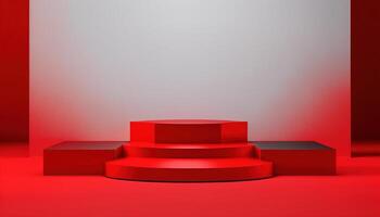 Realistic 3D red theme podium for product display. photo