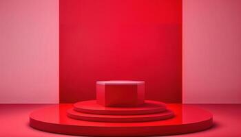 Realistic 3D red theme podium for product display. photo