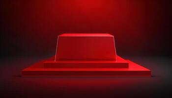 Realistic 3D red theme podium for product display. photo