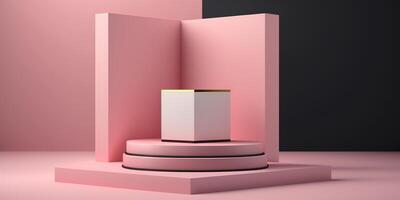 Realistic 3D pink theme podium for product display. photo