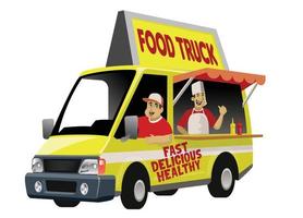 cartoon of foodtruck with the crew vector