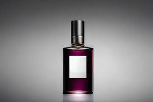 Purple bottle perfume mockup studio shot, isolated background, white label, marketing and product presentation. photo