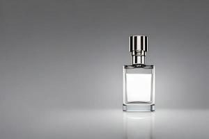 Small white transparent bottle perfume mockup studio shot, isolated background, white label, marketing and product presentation. photo