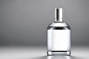 White bottle perfume mockup studio shot, isolated background, white label, marketing and product presentation. photo