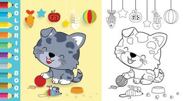 Vector illustration of cute kitten cartoon with it toys, coloring page or book