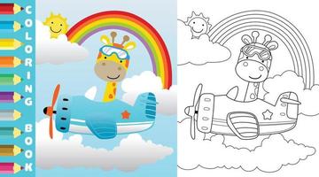 Vector cartoon of giraffe on airplane on sky elements background, coloring page or book