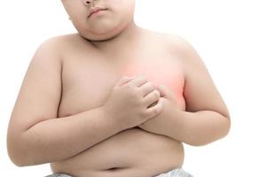 Obese fat boy is clutching him chest, acute pain possible heart attack photo