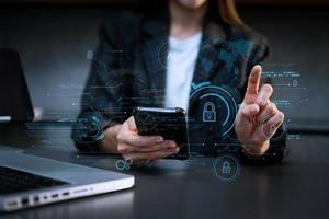 Cyber security and data protection. Business using computer and  tablet protecting business and financial data with virtual from cyber attack, cybersecurity technology in office photo