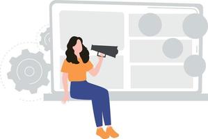 A girl holding a megaphone is making an advertisement. vector