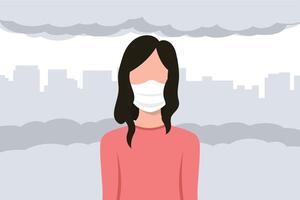 A girl wears a mask to protect herself from air pollution. vector