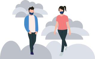 A boy and a girl are walking wearing masks. vector