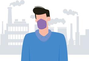 A boy wearing a mask avoids air pollution. vector