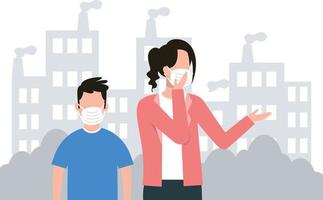 A girl and a boy wearing masks are protecting themselves from air pollution. vector