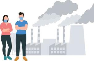 A boy and a girl wearing masks stand outside the factory. vector