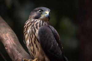 un esmerejón pájaro de presa en un rama en cerca arriba creado con generativo ai tecnología. foto