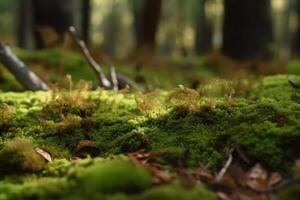 Close up view on a forest ground with a lot of moss and little branches created with technology. photo