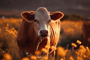 un vaca en un campo con algunos flores creado con generativo ai tecnología. foto