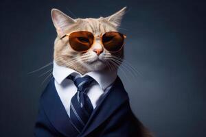 A modern cat wearing a business suit and sunglasses created with technology. photo