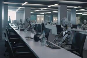 AI robots sitting at work in the open-plan office of a call centre created with technology. photo
