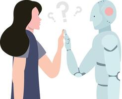 The robot and the girl are touching their hands. vector