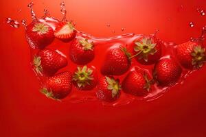 Top view of a group of strawberries splashing into a strawberry juice. photo