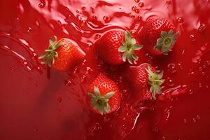 Top view of a group of strawberries splashing into a strawberry juice. photo