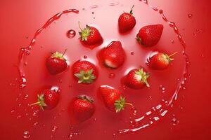 Top view of a group of strawberries splashing into a strawberry juice. photo