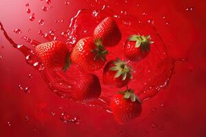 Top view of a group of strawberries splashing into a strawberry juice. photo