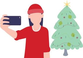 The girl is taking a selfie with the Christmas tree. vector