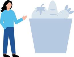 The girl is looking at the bucket of vegetables. vector
