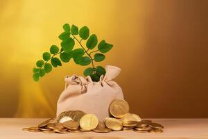 a bag of gold coins with a plant growing out of it. photo