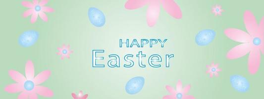 Postcard baner happy easter with bright colored eggs and spring flowers. gentle cute color gradients. Vector EPS10