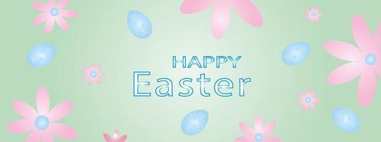 Postcard baner happy easter with bright colored eggs and spring flowers. gentle cute color gradients. Vector EPS10