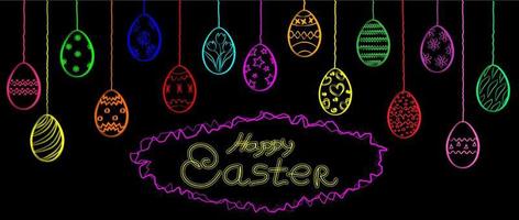 Postcard baner happy easter. Easter eggs contour bright color, black background. EPS10 vector. vector