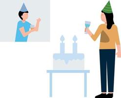 Boy and girl celebrate birthday online due to covid. vector