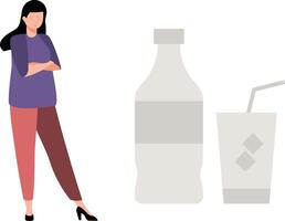 The girl is looking at the drink bottle. vector