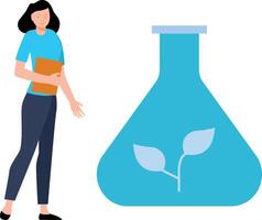 Girl researches on ecology flask. vector