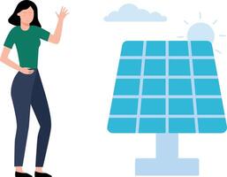 The girl is looking at the solar panel. vector