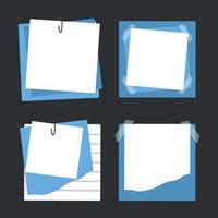 Set of blue paper stickers. Paper notes. Stickers for reminders and notes. Sheets of paper are attached with sticky tape. vector