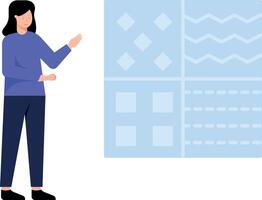 Girl looking at clothes designs. vector