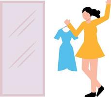 The girl is holding a dress and looking in the mirror. vector