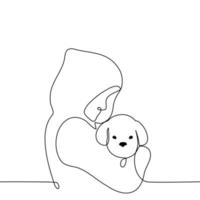 man in hooded hoodie holding Maltese dog- one line drawing vector. the concept of finding a dog, adopting a dog from a shelter, dog owner vector