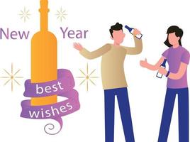 Boy and girl holding wine bottles for New Year celebration. vector