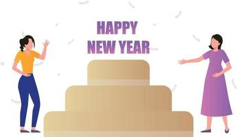 Girls celebrate new year with cake. vector