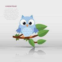 Colorful tree with cute owl. Cartoon bird in moon forest. Flat vector illustration.