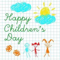 Poster with notebook paper and cute doodle drawing of happy kids and precepts to celebrate Children s Day. vector